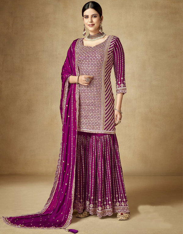 Traditional Function Wear Readymade Suit Collection Purple Premium Chinnon Sharara Suit Front View